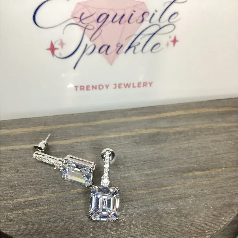 Emerald cut CZ   Diamond Post back Drop Earrings💎